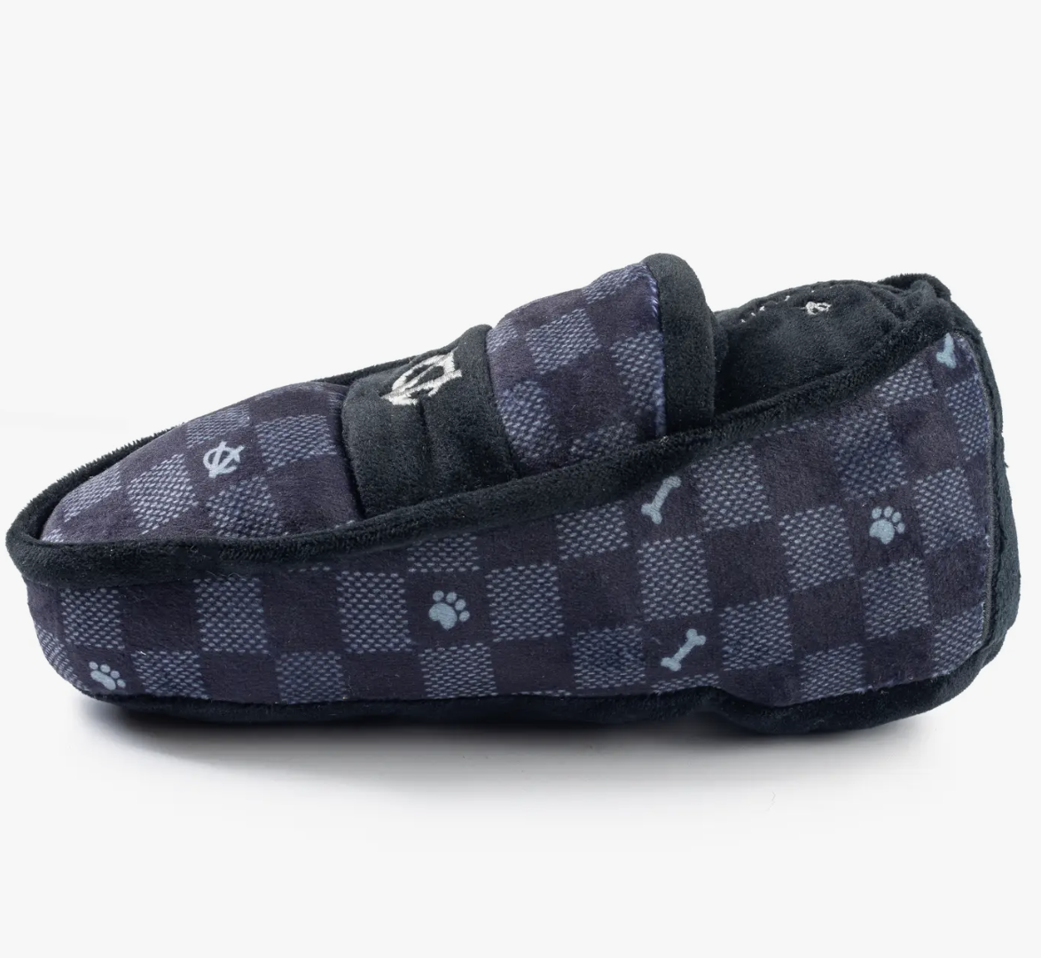Black Checker Chewy Vuiton Loafer Squeaker Dog Toy