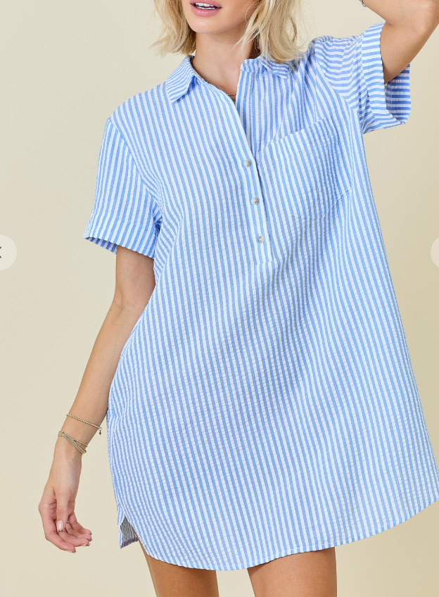 Striped Seersucker Shirt Dress