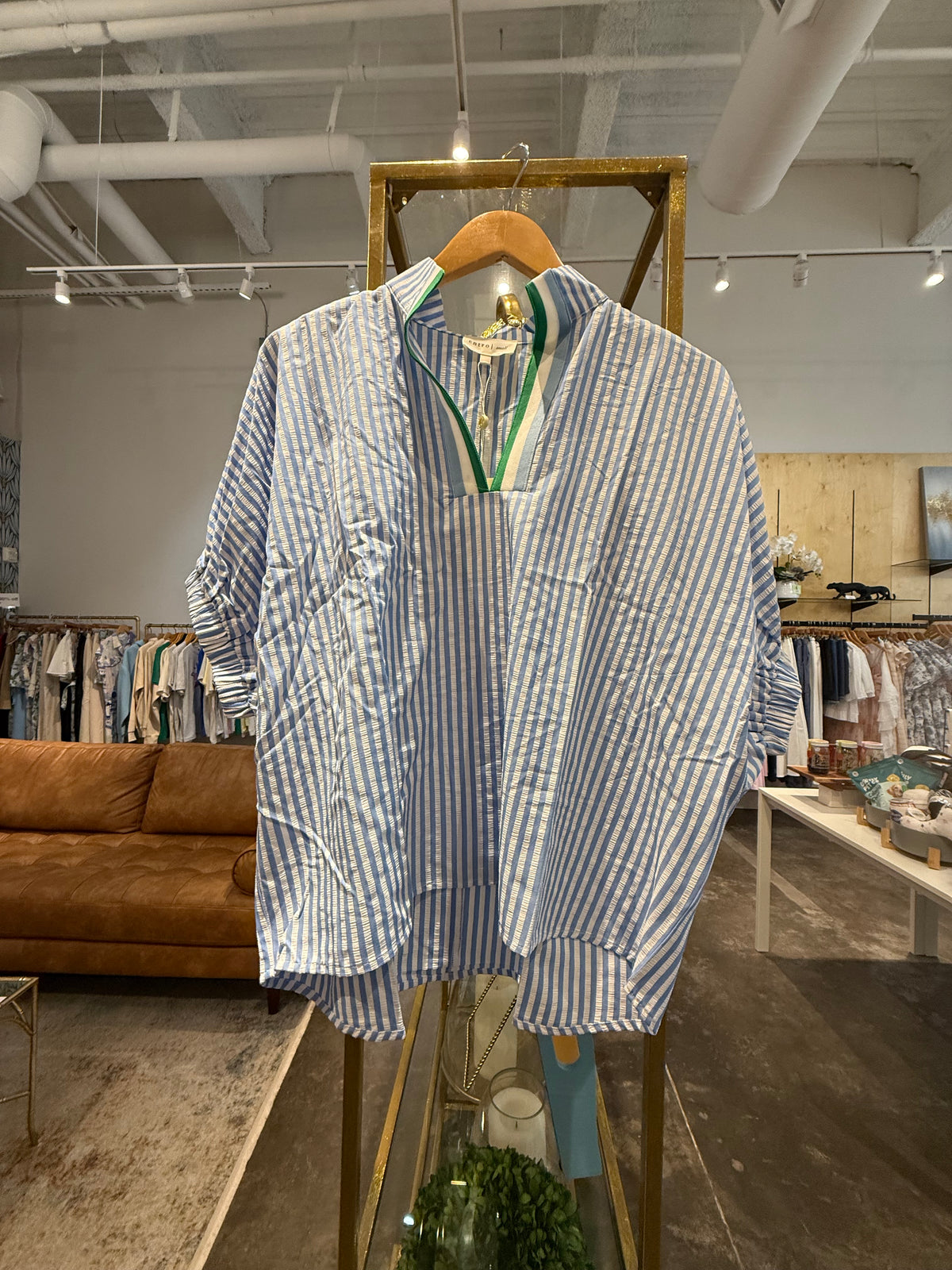 Entro Blue and White Striped with Green Accent Blouse