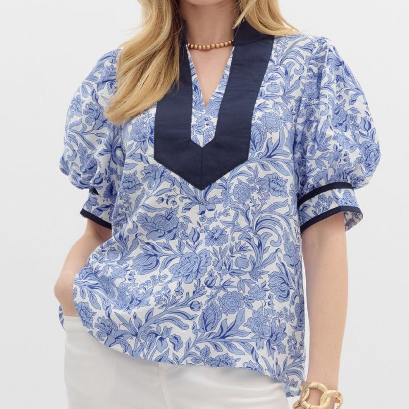 Entro Blue Floral Puff Sleeve Top