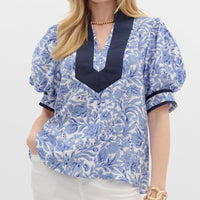 Entro Blue Floral Puff Sleeve Top