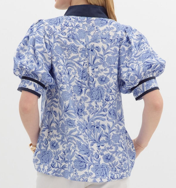 Entro Blue Floral Puff Sleeve Top