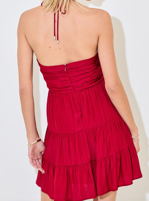 Ruched V Neck Multi Tiered Halter Mini Dress Crimson