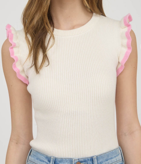 Contrast Ruffle Sleeve Knit Top Cream