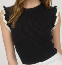Contrast Ruffle Sleeve Knit Top Black
