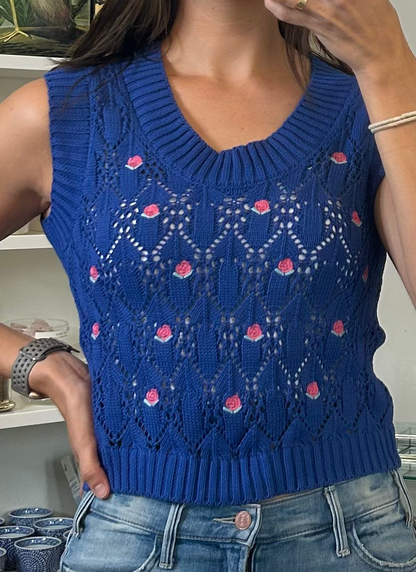 Sunday Up Floral Embroidered Hollow Knit Vest
