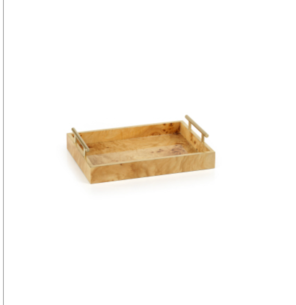 Zodax Leiden Burl Wood Rectangularh Tray w/ Gld Handles 13"