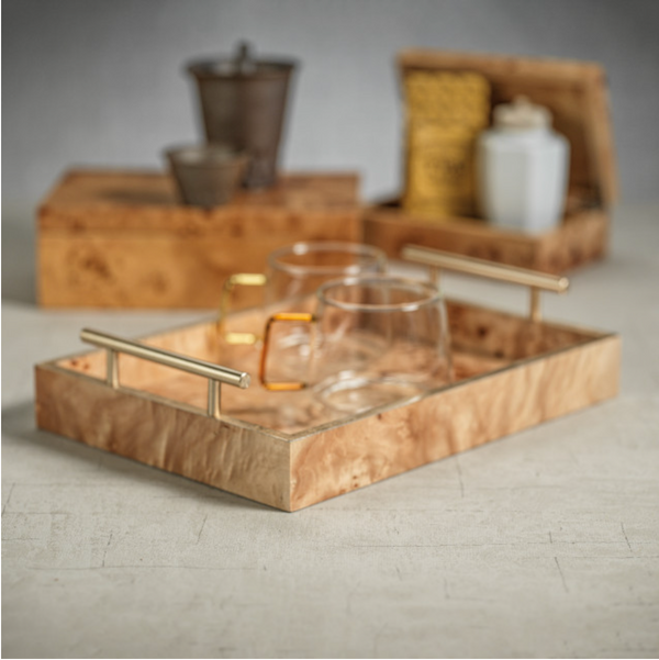 Zodax Leiden Burl Wood Rectangularh Tray w/ Gld Handles 13"