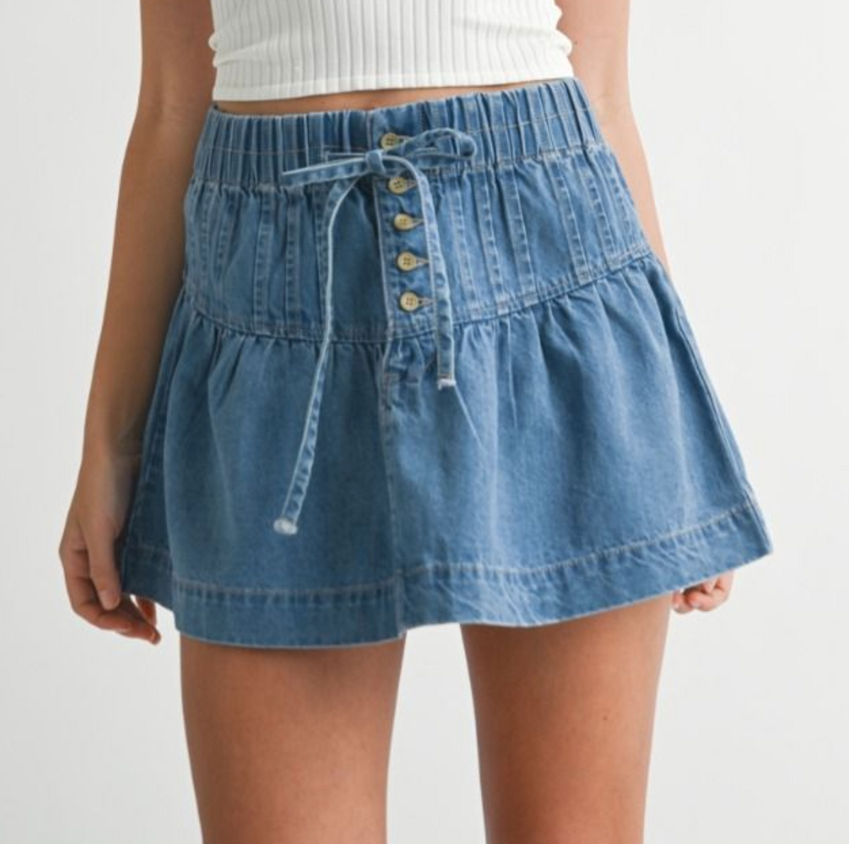 Pleated Yoke Denim Mini Skort