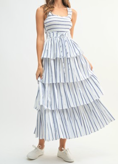 Mable Pin Stripe Smocked Tiered Midi Dress
