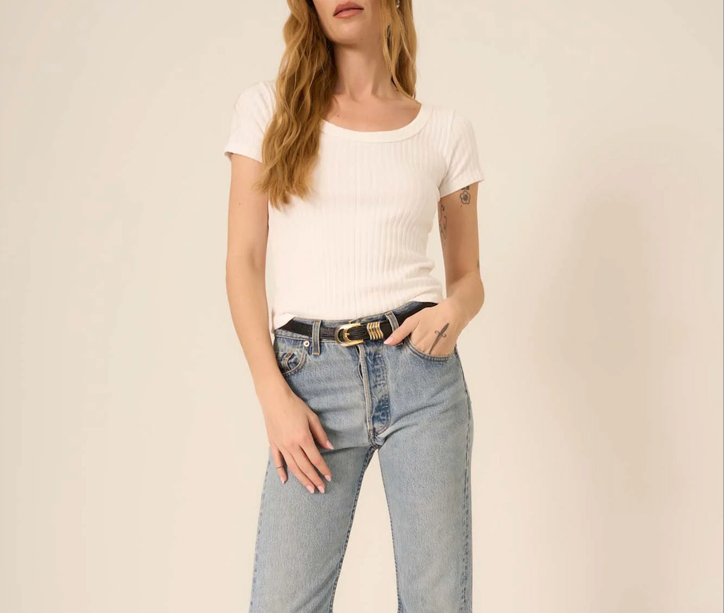 Julie Scoop Neck White Sweater Rib Tee