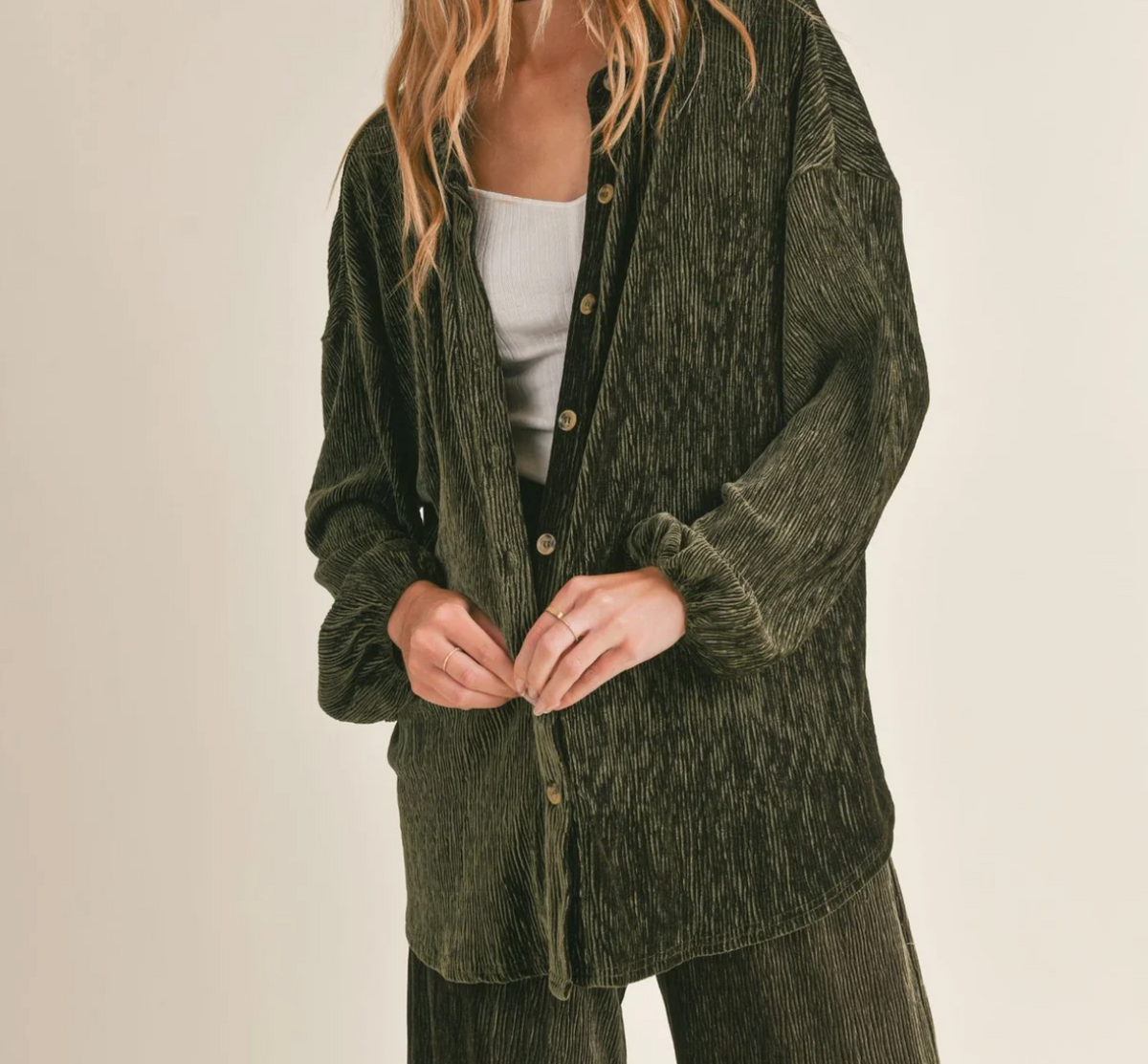 Sadie & Sage Loreliai Pleated Button Down Top-Olive