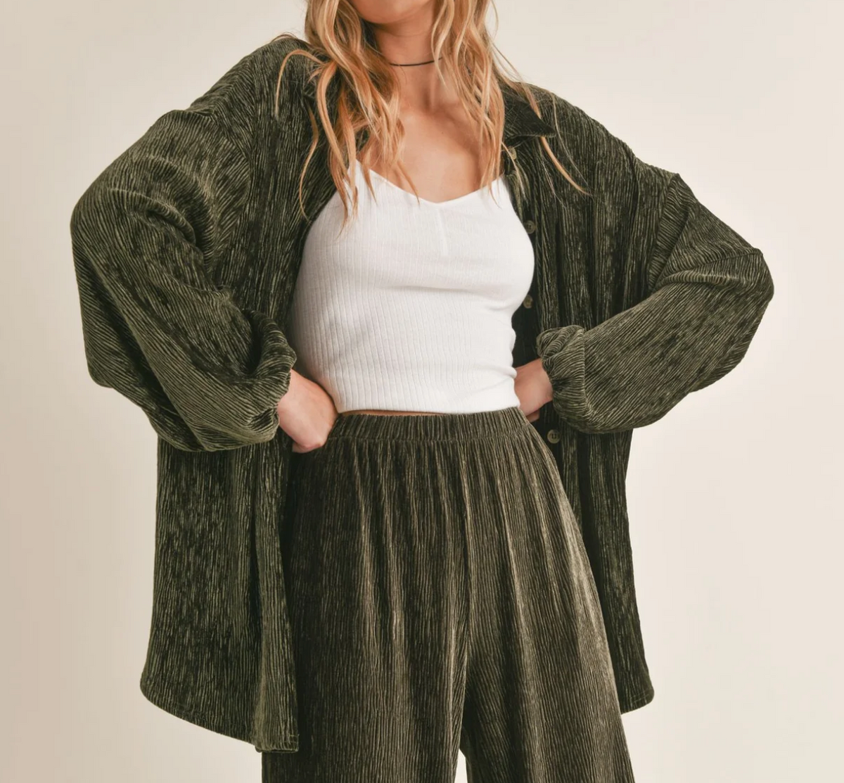 Sadie & Sage Loreliai Pleated Button Down Top-Olive