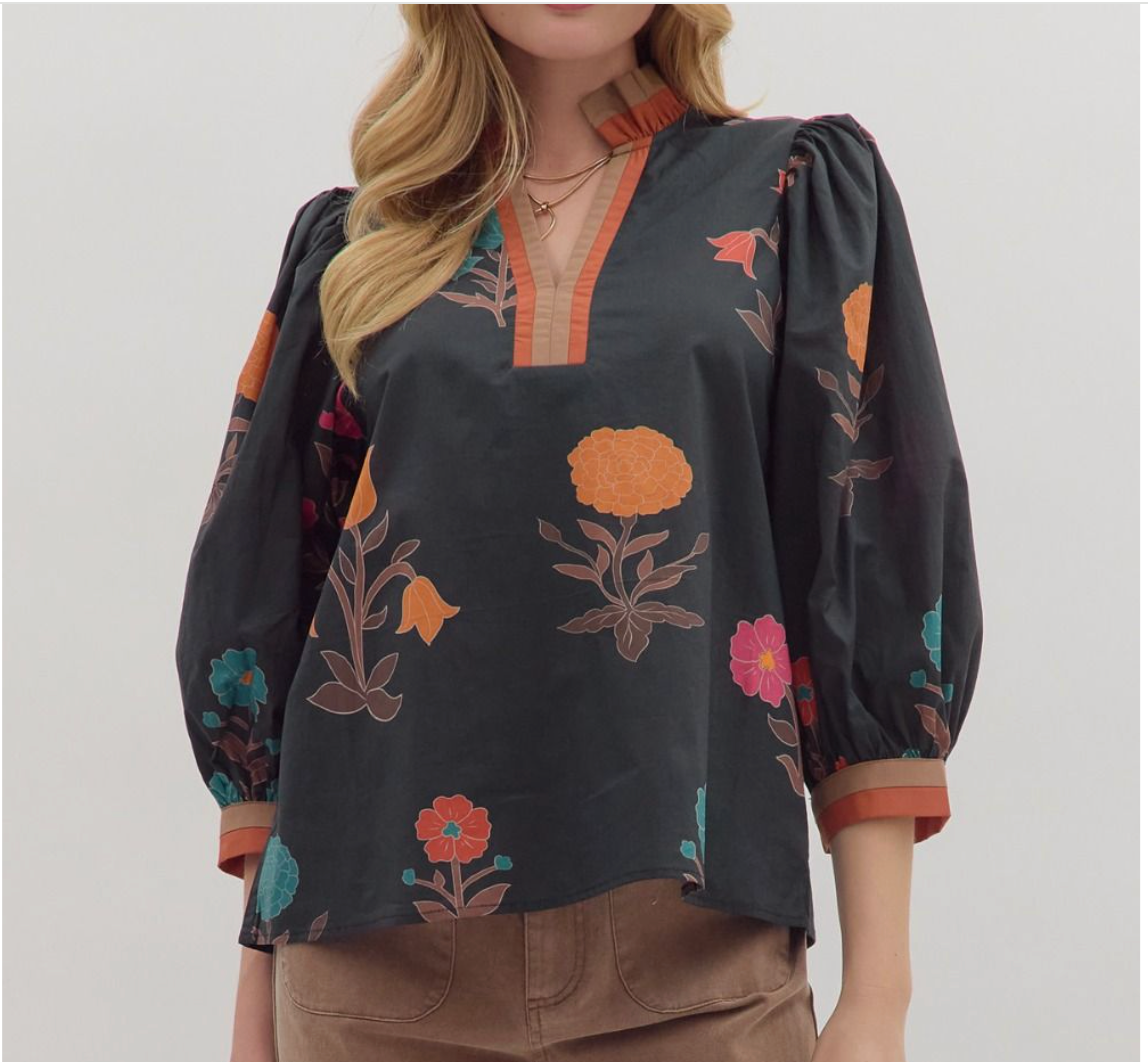 Floral print 3/4 Puff Sleeve Top Featuring Contrast Trim