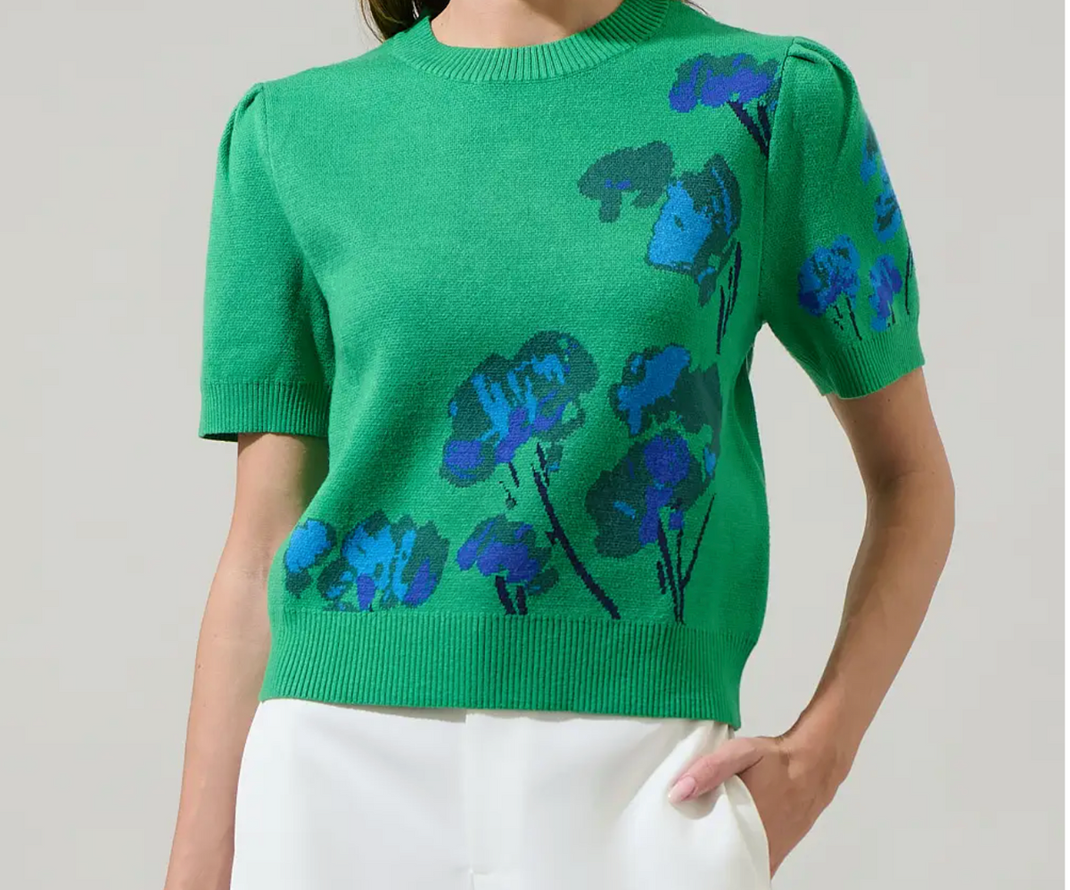 Kersey Floral Pleated Short Sleeve Sweater