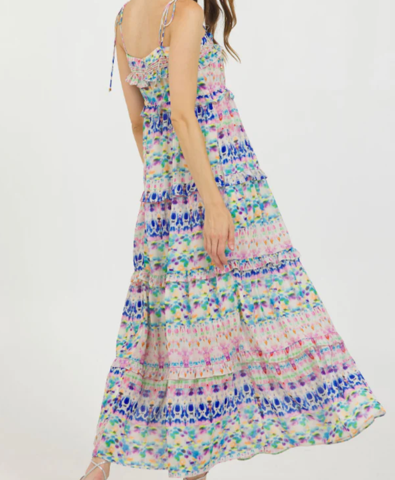 Stellah WATERCOLOR TIE SHOULDER TIERED DRESS
