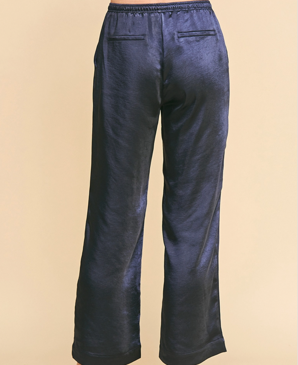 Satin Straight Leg Pants-Navy