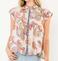 Button Down Paisley Print Top