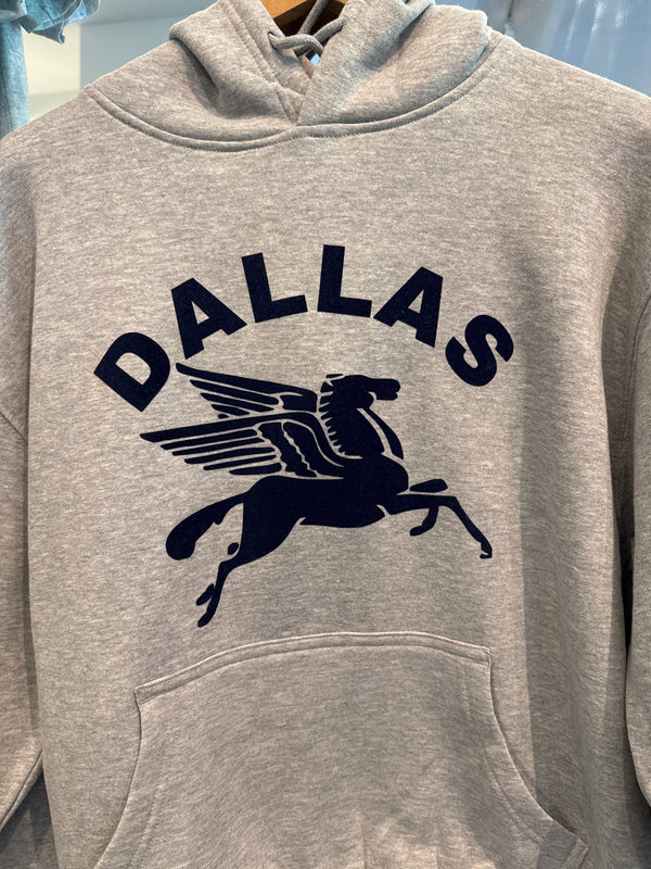 Dallas Texas Hoodie in light athletic grey with navy blue Dallas and Pegasus