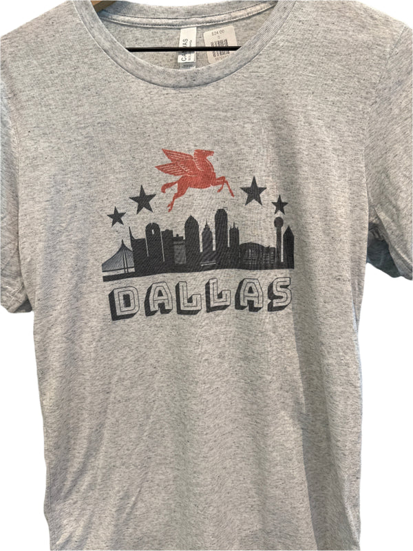Dallast TX skyline t shirt with red pegasus and stars over the top of city