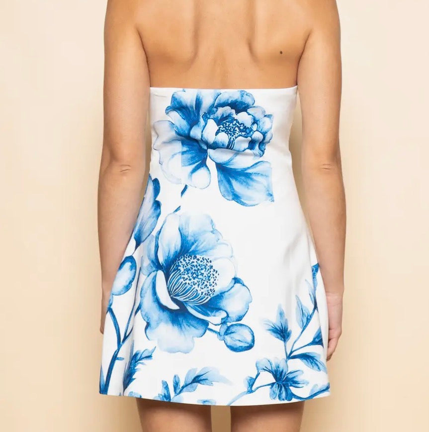 Strapless Mini Dress White Blue Flower