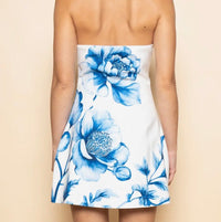 Strapless Mini Dress White Blue Flower