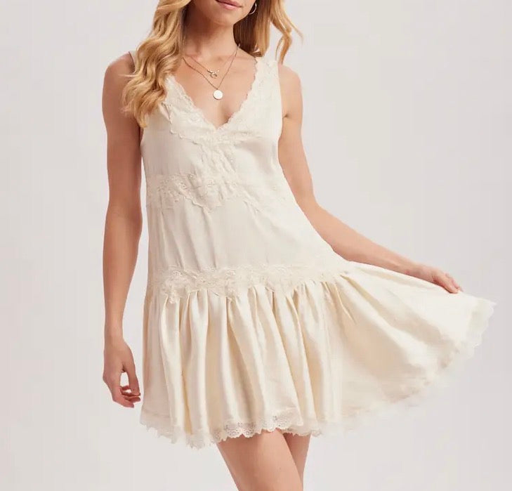 Satin Slip V-Neck Lace Trimmed Babydoll Mini Dress