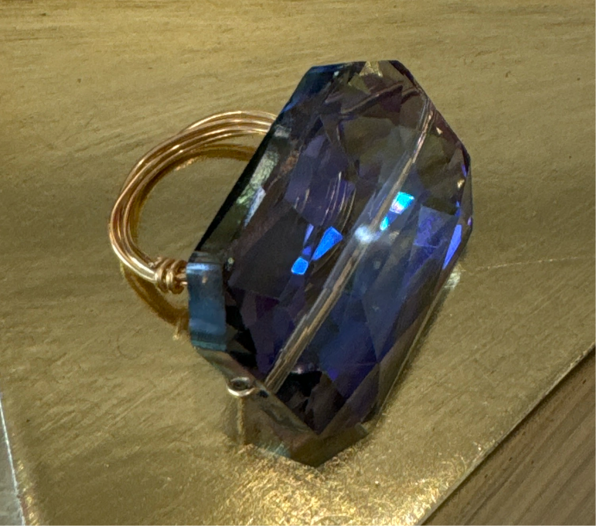 ALD blue faceted clear glass w gold filled ring