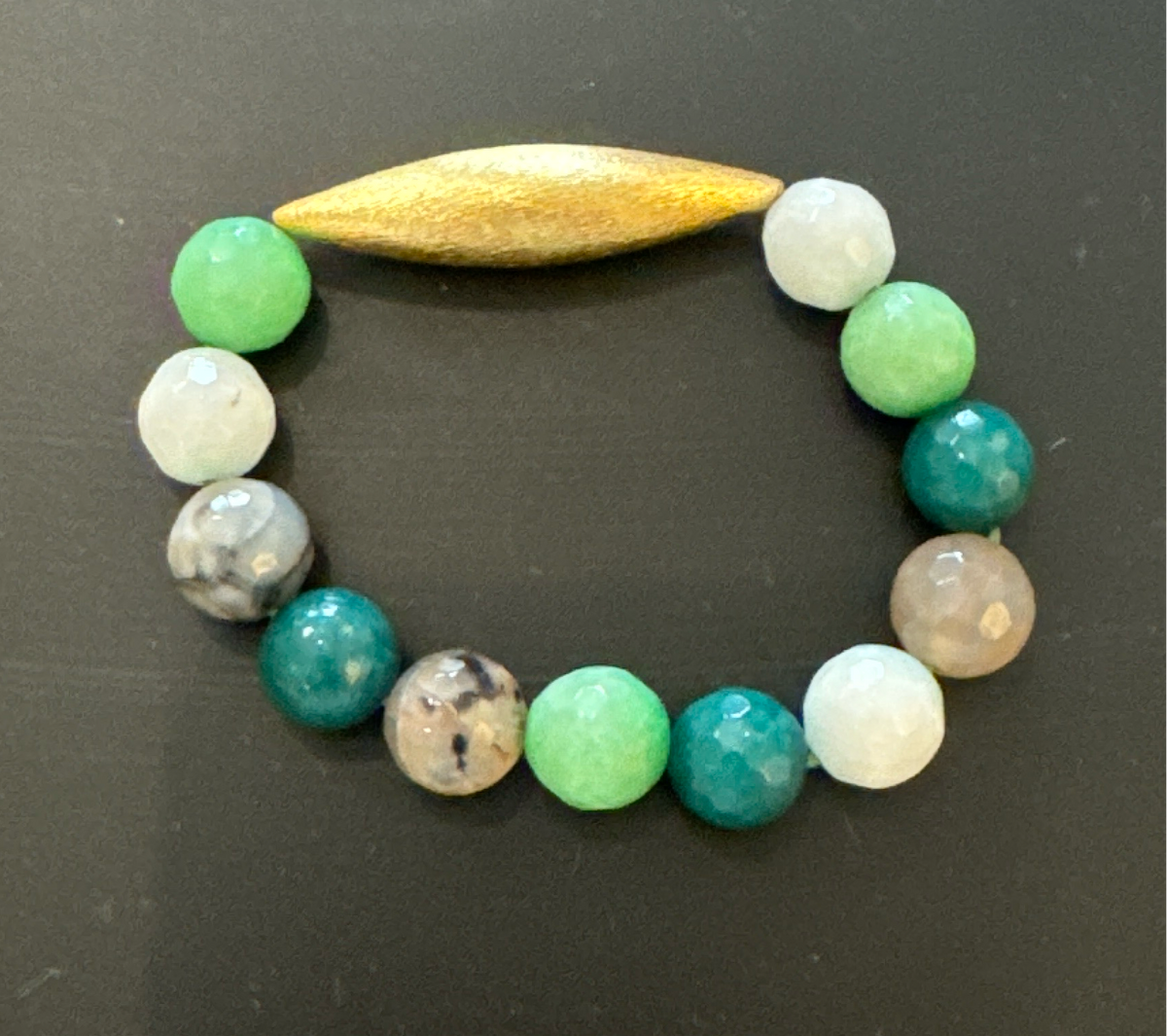 ALD mixed green round stones w large gold vermeil oval bead bracelet