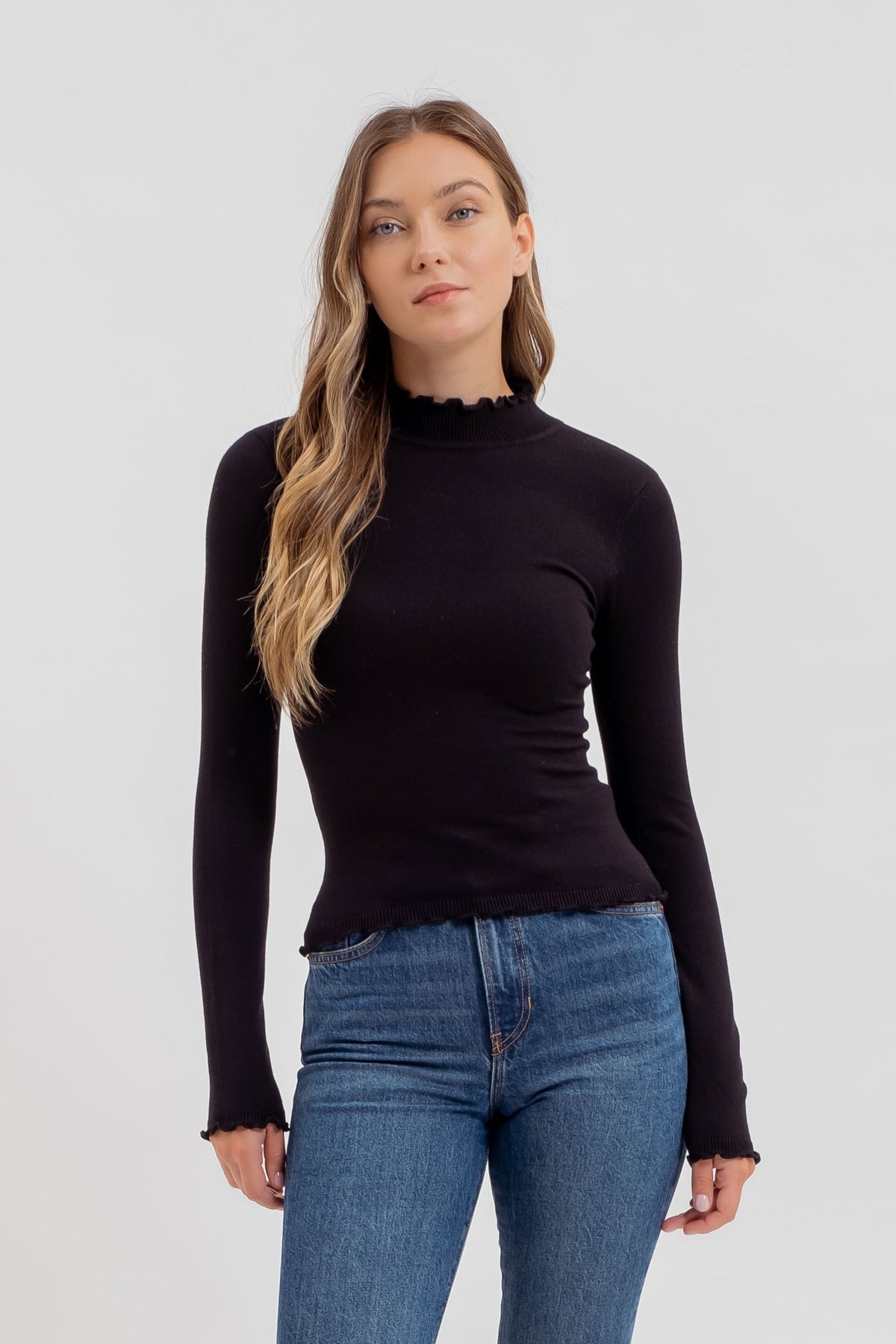 Lettuce Trim Mock Neck Top-Black