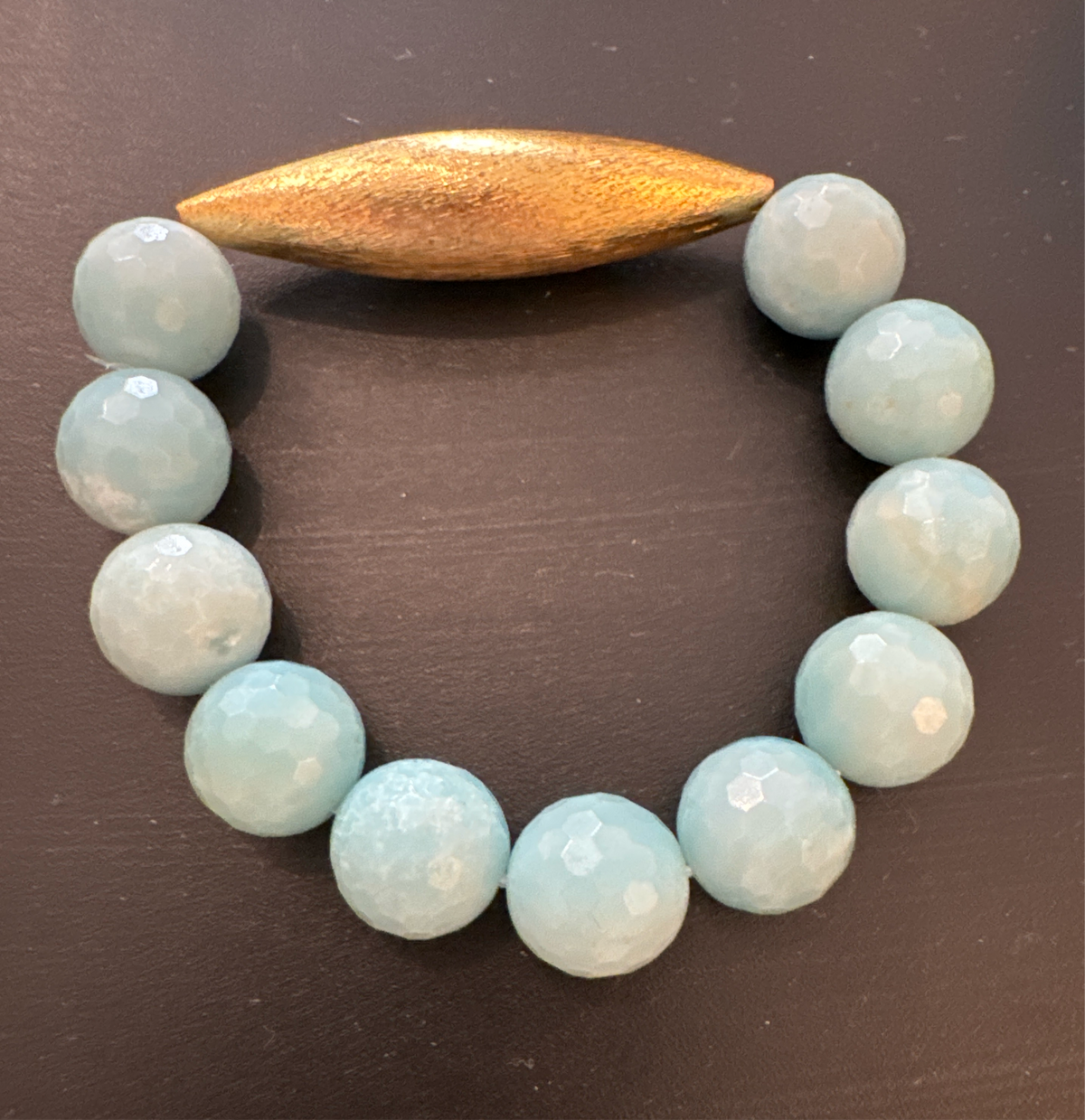 ALD blue chalcedony round stones w large gold vermeil bead bracelet