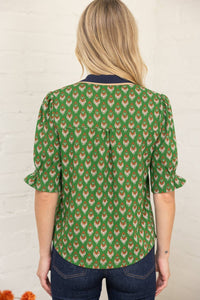 Piping Detailed Collar Retro Inspired Printed Knit Top