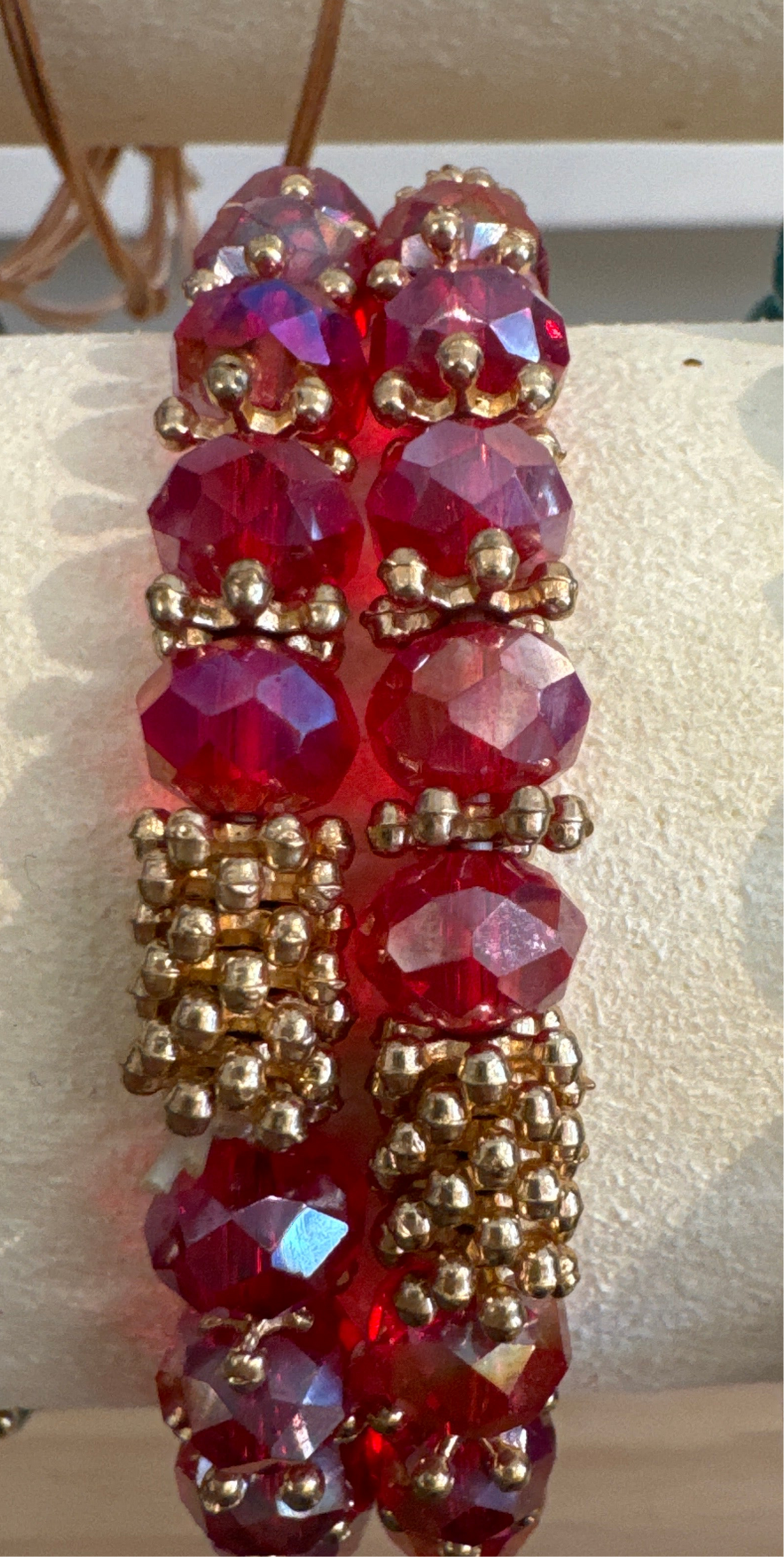 ALD red stone w gold bead stretch bracelet