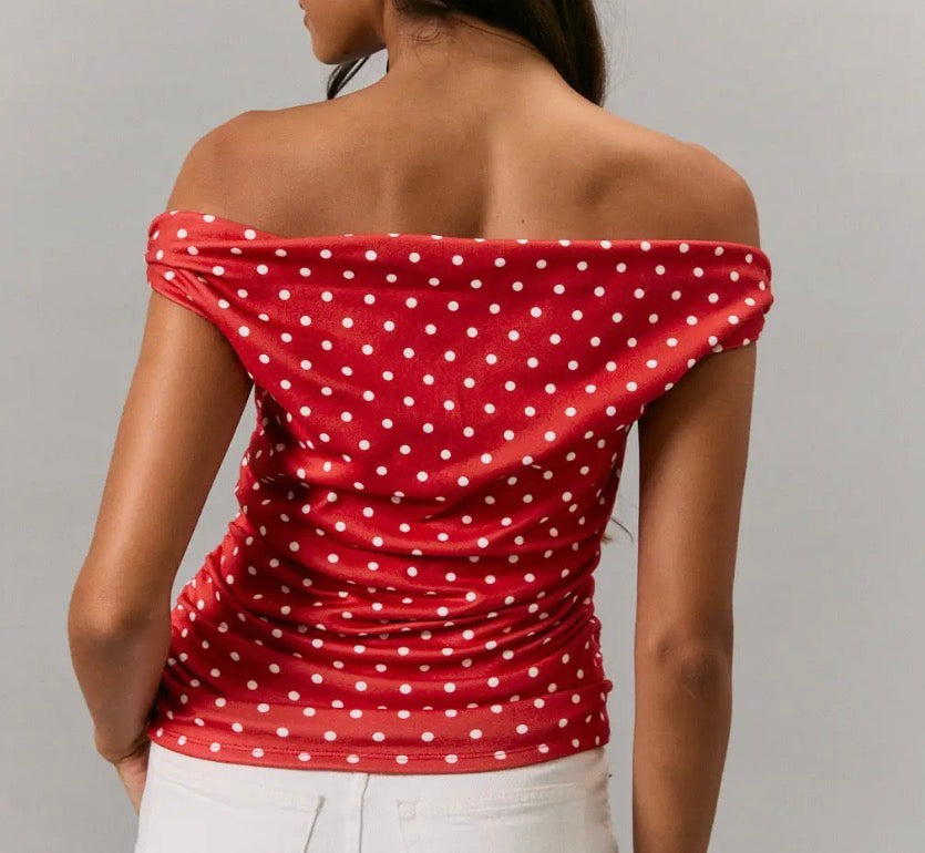 Off Shoulder Top with Side Ruching in Polka Dot - Red White