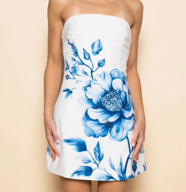 Strapless Mini Dress White Blue Flower Apothecary Social Strapless Mini Dress White Blue Flower Apothecary Social