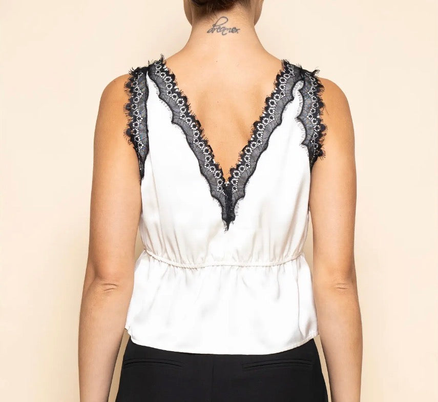 Ivory Contrast Lace Tie Front Tank