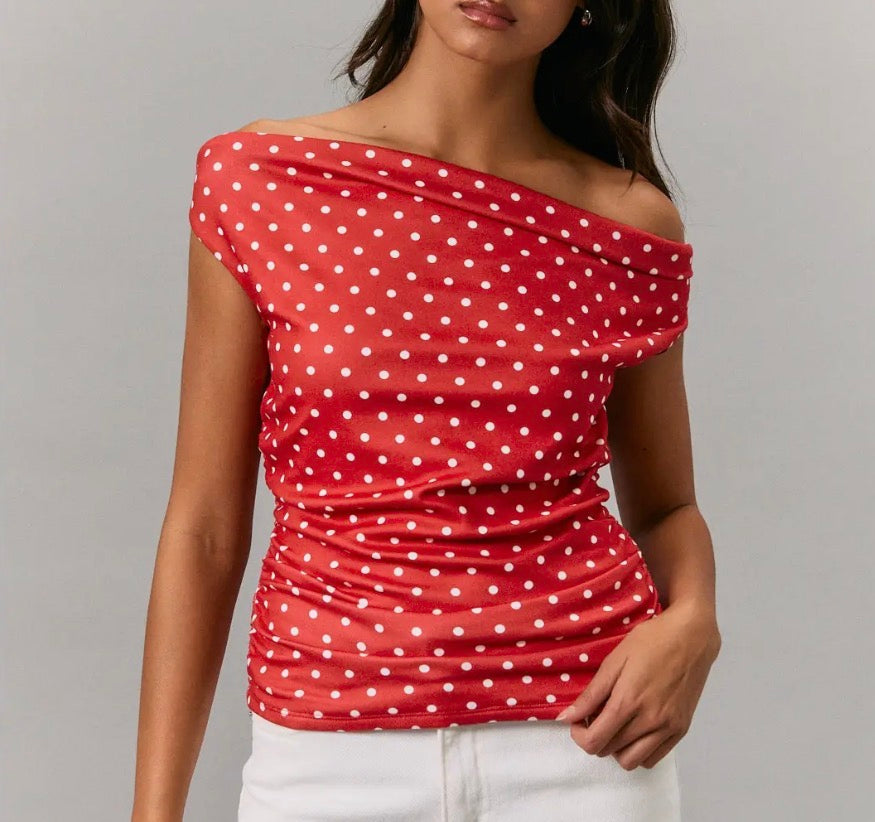 Off Shoulder Top with Side Ruching in Polka Dot - Red White