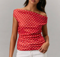 Off Shoulder Top with Side Ruching in Polka Dot - Red White