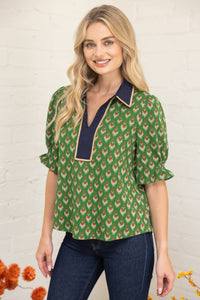 Piping Detailed Collar Retro Inspired Printed Knit Top