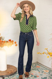 Piping Detailed Collar Retro Inspired Printed Knit Top