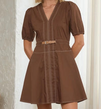 Belted Short Sleeve Contrast Thread Dress