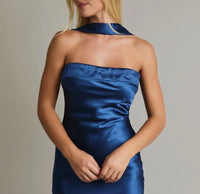 Strapless Scarf Detail Bias Satin Midi Dress