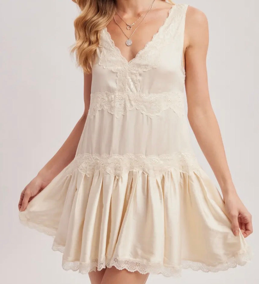 Satin Slip V-Neck Lace Trimmed Babydoll Mini Dress
