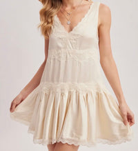 Satin Slip V-Neck Lace Trimmed Babydoll Mini Dress
