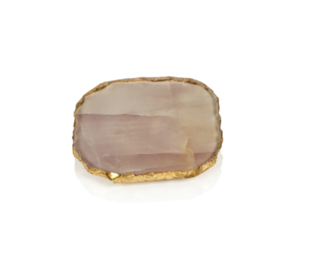 Zodax Agate Marble Glass Coaster with Gold Rim- Pink Tone