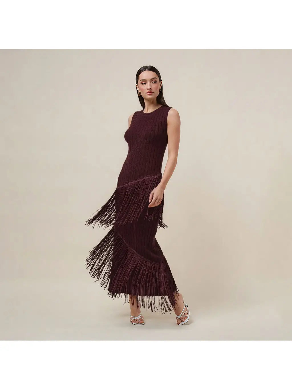 Asymmetric Fringe Maxi Dress - Burgundy