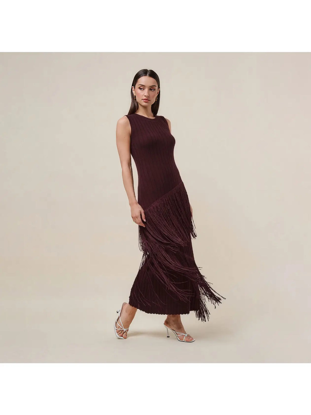 Asymmetric Fringe Maxi Dress - Burgundy