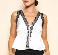 Ivory Contrast Lace Tie Front Tank
