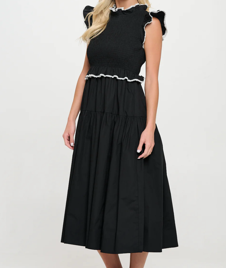 Black Poplin Crochet Trim Dress