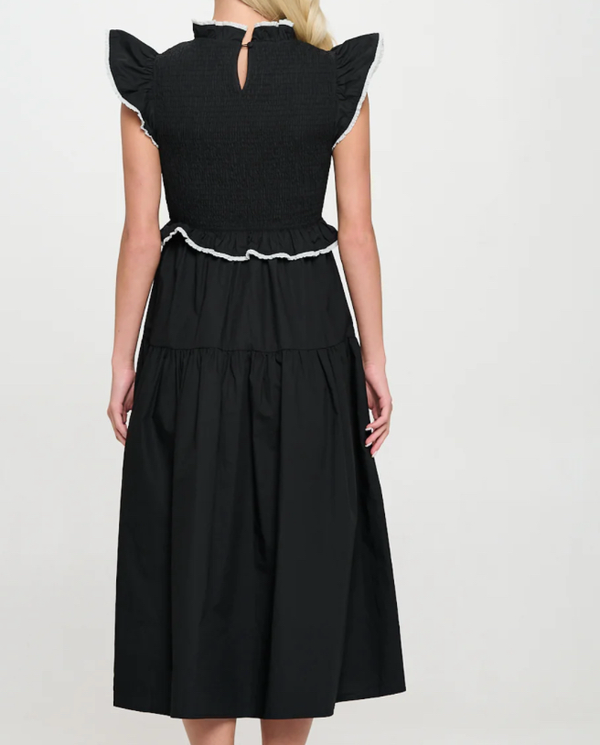 Black Poplin Crochet Trim Dress